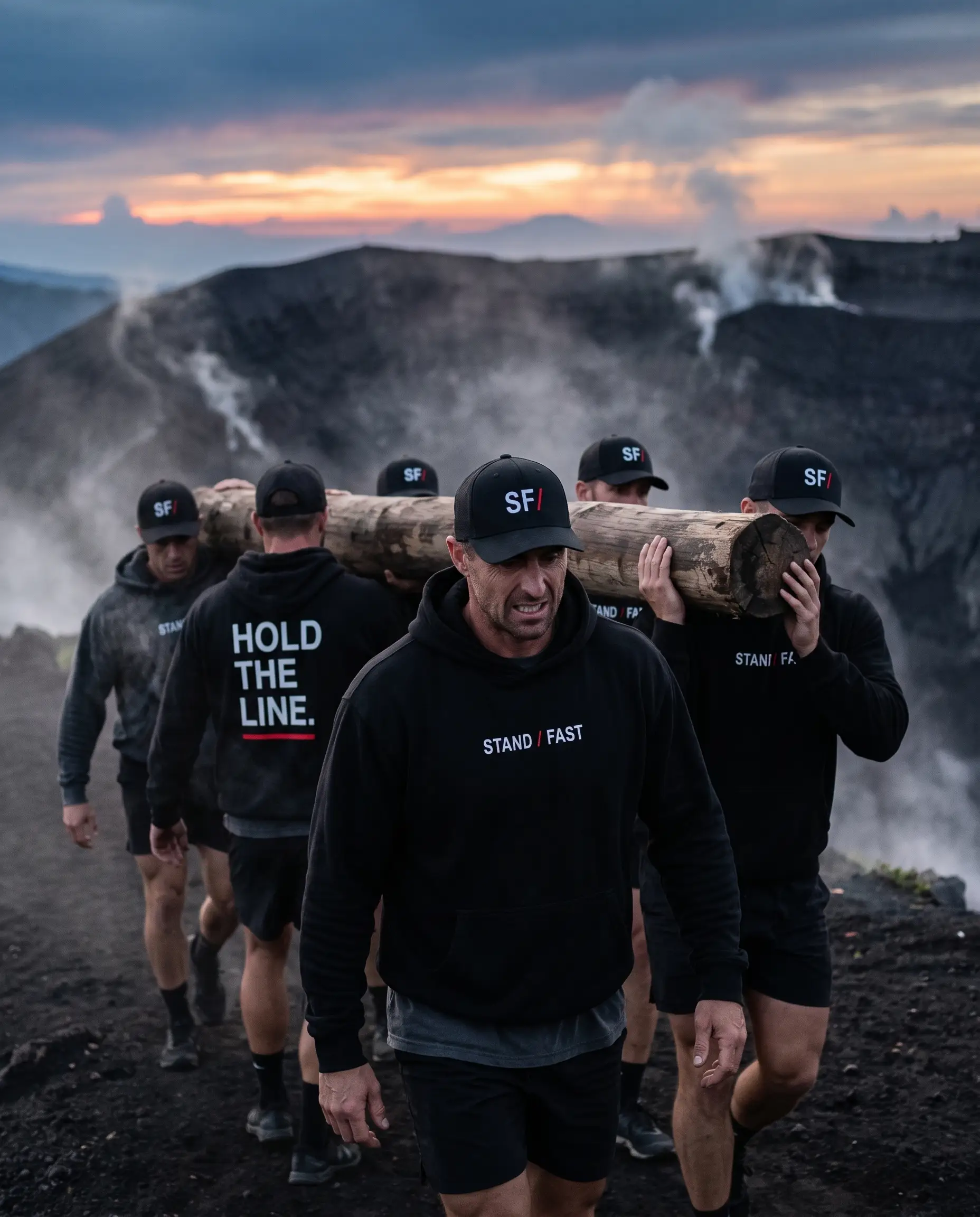 Spencer Tarring leading the STANDFAST team during a log carry on Mount Batur