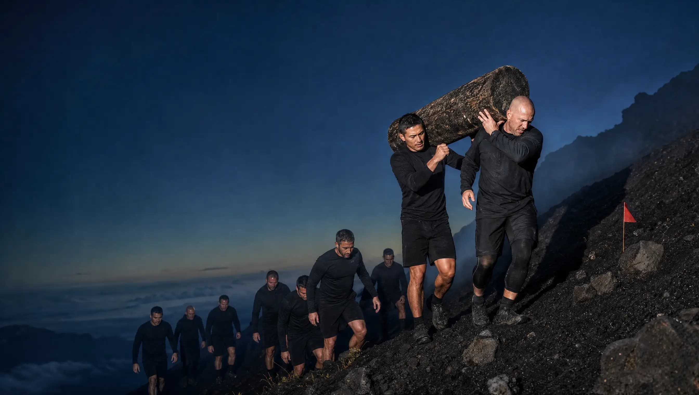 A team moving together across Mount Batur before sunrise