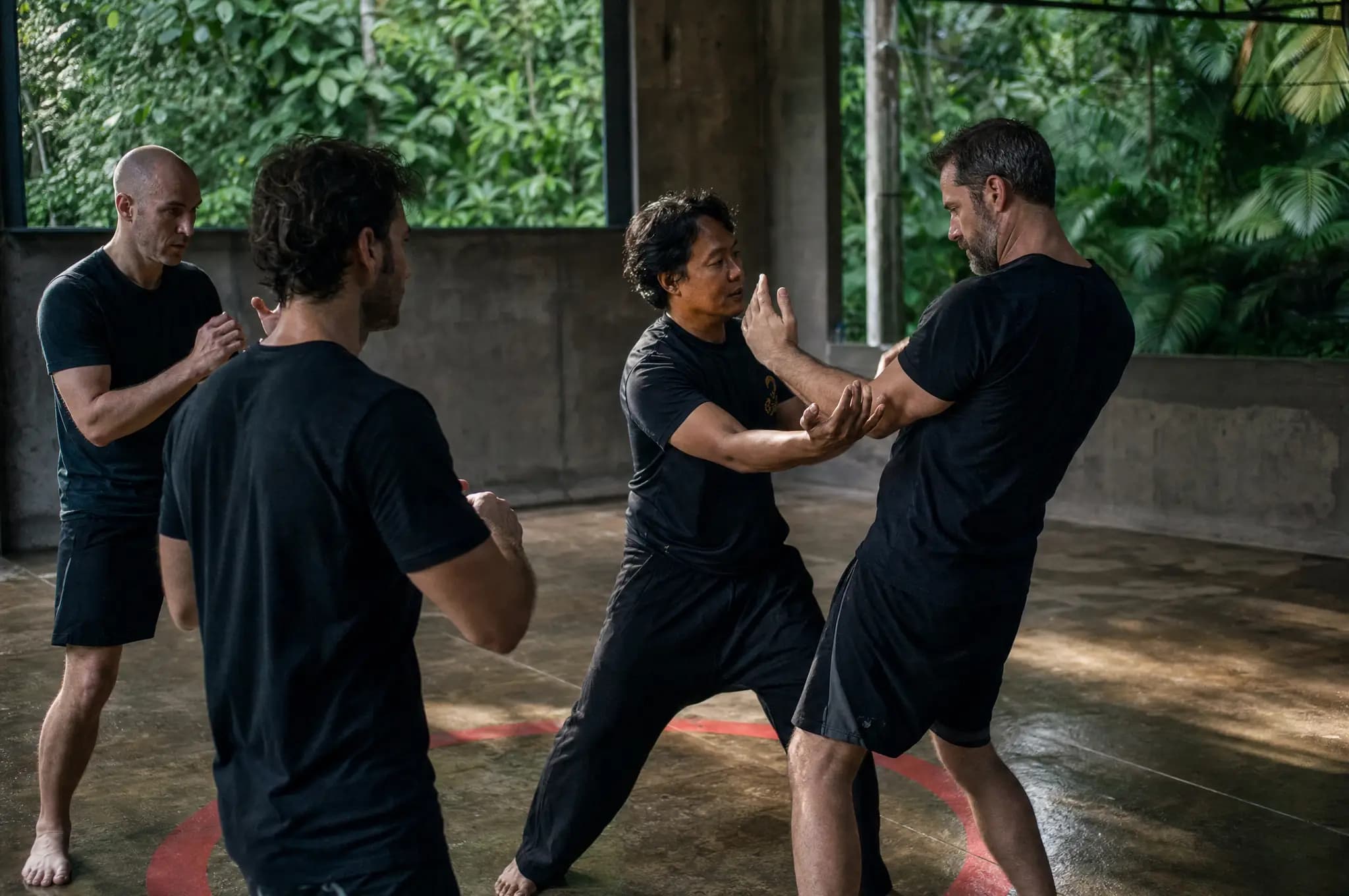 Men practising controlled defensive movement with a coach in Bali